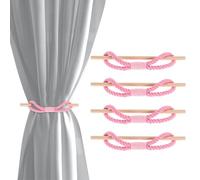 QUARKZMAN 4 Pack Attaches Rideaux, Cordes en Coton pour Rideaux Accroches Main Tissees Decoratives Style Ferme avec Baton en Bois pour Decoration Maison Bureau, Rose
