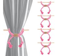 QUARKZMAN 4 Pack Attaches Rideaux, Cordons Rideau en Coton avec Franges, Retenues Rideaux Tissées À La Main Décoratives Style Ferme avec Bâton en Bois pour Décoration Maison Bureau, Rose