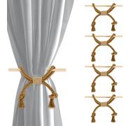 QUARKZMAN 4 Pack Rideaux Attaches, Cordon en Coton Frange Rideaux Attaches Decorative Main Tisse avec Baton en Bois pour Decoration Maison Bureau, Marron Clair