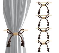 QUARKZMAN 4 Pack Rideaux Attaches, Cordons Rideau en Coton avec Franges, Retenues Rideau Tissées À La Main, Décoration Fermière avec Bâton en Bois pour Bureau Ou Maison, Marron Foncé