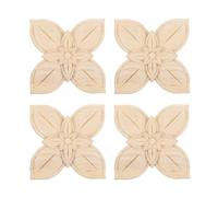 QUARKZMAN 4 Pièces Appliques Bois Fleur à 4 Feuilles 6x6cm Non Peint | Sculptée ornementation, Bois Massif Carré, Plaques Décoratives, pour Fenêtre Armoire Porte Cadre Placard