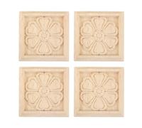 QUARKZMAN 4 Pièces Appliques en Bois 6 x 6 cm Carrées Non Peint | Massif sculpté, motif fleur simple, ornementation, pour fenêtre, armoire, porte, cadre, placard