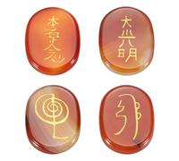 QUARKZMAN 4Pcs Pierres De Chakra Gravées Avec Symboles Reiki, Cristaux De Guérison Reiki En Agate Rouge Gemme 7 Pierres De Chakra Polies Pour Palme Pour Soulager L'Anxiété