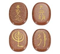 QUARKZMAN 4Pcs Pierres De Chakra Gravées Avec Symboles Reiki, Pierre De Sable Doré Cristaux De Guérison Reiki Gemme 7 Pierres Cristallines De Chakra Pierres Polies Paume Soulager L'Anxiété