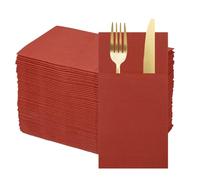 QUARKZMAN 50 Pcs Serviettes Jetables En Lin Avec Poches Intégrées Pour Couverts, Serviettes En Papier Pour Couteaux Et Fourchettes, Essuie-Mains Pour Mariage Brick Red