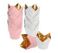 QUARKZMAN 50 Pcs Tulip Baking Cups Cupcake Muffins Liners Aluminum Foil Paper Greaseproof Wrappers pour Weddings Birthday Party Festivals Christmas, Gold/White, Gold/Pink