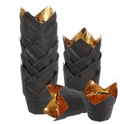 QUARKZMAN 50 Pcs Tulip Baking Cups Cupcake Muffins Liners Aluminum Foil Paper Greaseproof Wrappers pour Weddings Birthday Party Festivals Christmas, Gold/Black