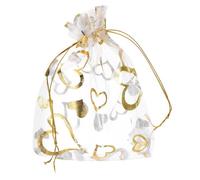 QUARKZMAN 50 Pièces Sachets Pochettes, 10cm x 15cm Sacs en Organza en Mousseline Cœur avec Cordon pour Mariage, Noël, Anniversaire, Bijoux, Cadeaux, Bonbons, Marquage à Chaud Blanc
