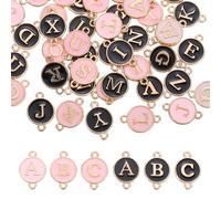 QUARKZMAN 52 Pcs Lettre Initial Charm Double Face Pendentifs Alphabet A-Z Double Face Rond Lettre Charm Pour Jewelry Making Necklaces Bracelets Earrings DIY Accessories(Black, Pink)