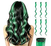 QUARKZMAN 6 Pcs Extensions À Clip Colorées, 55 cm Extensions Cheveux Bouclés Ondulés Pour Femmes Filles Mèches Perruque Synthétique Pour Party Cosplay Coiffure Quotidienne, Green