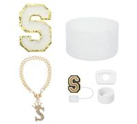QUARKZMAN 6Pcs Accessoires Pour Tasse Pour Cup Tumbler Avec Poignée, Incluant Couvercle En Silicone Pour Paille, Protège-Base, Bouchon Anti-Fuites, Initial(Letter S, White)