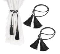 QUARKZMAN 6Pcs Attaches Rideaux À Franges, Attaches Rideaux avec Franges Tressées À La Main Corde Décorative pour Chambre Salle De Bain & Bureau Rideaux Fenêtre, Noir