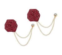 QUARKZMAN Broches à Chaîne Fleur Rose 4.5cm, Broche Costume Revers Homme Marié en Alliage Tissu, Chaînes Suspendues de Costumes Bordure Dorée pour Mariage Dîner Cérémonie, 2PCS Rouge Vif