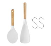 QUARKZMAN Cooking Spoon and Rice Paddle, 2pcs Non-Stick Serving Spoon and Rice Spatula With Wooden Handle for Mixing, Scoop, and Scrape White