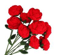 QUARKZMAN Crochet Flowers Handmade Knitting Rose Artificial Woven Small Potted With Stems Pour Valentine's Gifts Home Wedding Party Office Table Decor, Red Count 10