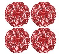 QUARKZMAN Crochet Napperons, 4pcs 8 pouce - Fait Main Crochet Coton Dessous Verre, Rond Dentelle Ensembles Table avec Floral Motifs pour Mariage Fête Décoration (Rouge)