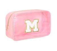 QUARKZMAN Initial Makeup Bag Portable Makeup Pouch for Daily Use Travel | Pink Clear Cosmetic Bag Case Transparent Toiletry Organizer With Zipper, Letter M