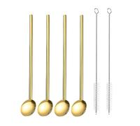 QUARKZMAN Inox Acier Pailles Cuillères, 4pcs 7.7" Réutilisable Métal Boire Paille Cuillère avec Nettoyage Brosses pour Milkshake Boissons Cocktail, Or
