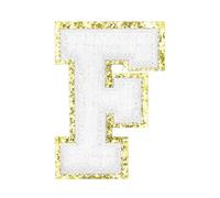 QUARKZMAN Letter Iron-on Patches 2.2" Chenille Letter-F Golden Edge White | Initial Patches, Alphabet Embroidery Applique, With Adhesive Sticker Pour Clothing Repair Decor
