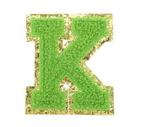 QUARKZMAN Letter Iron-on Patches, 2.2" Chenille Letter-K Initial Patches Golden Edge Alphabet Embroidery Applique with Adhesive Sticker pour Clothing Repair Decor, Green