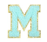 QUARKZMAN Letter Iron-on Patches, 2.2" Chenille Letter-M Initial Patches Golden Edge Alphabet Embroidery Applique with Adhesive Sticker pour Clothing Repair Decor, Water Blue