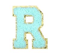 QUARKZMAN Letter Iron-on Patches, 2.2" Chenille Letter-R Initial Patches Golden Edge Alphabet Embroidery Applique with Adhesive Sticker for Clothing Repair Decor, Water Blue