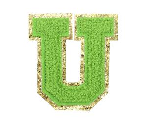QUARKZMAN Letter Iron-on Patches, 2.2" Chenille Letter-U Initial Patches Golden Edge Alphabet Embroidery Applique with Adhesive Sticker pour Clothing Repair Decor, Green