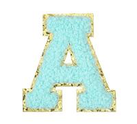 QUARKZMAN Letter Iron-on Patches 2.2" with Adhesive Sticker Water Blue | Chenille Letter-A Initial Patches, Golden Edge Alphabet Embroidery Applique, Pour Clothing Repair Decor