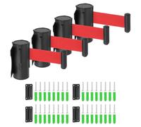 QUARKZMAN Pack 4 Support Mur Fixe Barrière Rétractable À Sangle 9.84 ft | Sangle Rouge Avec Boîtier ABS Noir, Barrière Fixe Contrôle Foule À Sangle Rétractable Pour Queue Magasin Détail Stade