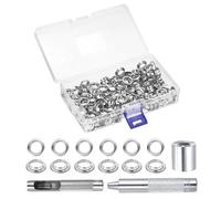 QUARKZMAN Pince à œillets 100pcs kit d'outils pour œillets de 10 mm, disques à œillets œillets métalliques avec boîte de rangement, 2/5 pouces pour chaussures, bagages, cuir, bâches, argent