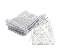 QUARKZMAN Pochettes Organza, 50Pcs 8 x 11cm Sachet Bonbon Maille Avec Cordon gemme Cadeau Pour Pochette Faveur Fête Noël Mariage Festival Petit Cadeau, Blanc-Argent