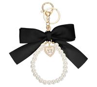 QUARKZMAN Ribbon Bow Keychain, Cute Pearl Wristlet Keychain, Bag Accessories Bow Charm Heart Pendant Pour Purse Handbag Tote Backpack, Black
