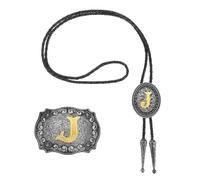 QUARKZMAN Set Cravate Bolo Western Cowboy Et Boucle De Ceinture Lettre Initiale J Dorée Corde En Cuir Pour Femmes Hommes Costume Accessoires Vintage Traditionnels, Gris Noir/Or