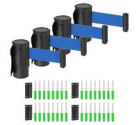 QUARKZMAN Support Mur Fixe Barrière Rétractable À Ceinture, 6.56 ft Contrôle Foule Fixe Ceintures Rétractables Pour Queue Magasin Détail Stade Ceinture Bleue Avec Boîtier ABS Noir Pack 4