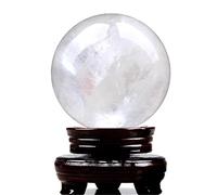 Quartz Crystal Ball,White Calcite Sphere with Wooden Stand,Feng Shui for Lucky Wealth Protect The House,5.5"(14cm)