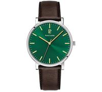 Quartz Homme ESSENTIAL Argenté Cadran Soleillé Vert Bracelet Cuir Brun 20M