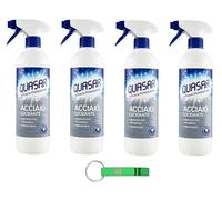 Quasar Acciaio Lucidante Lot de 4 nettoyants en spray Élimine efficacement la saleté et donne de la brillance aux surfaces en acier 580 ml + porte-clés Beni Culinari