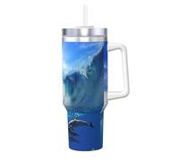 Quatre dauphins dans la mer des baleines,Gobelet isotherme Ice Bully de 40 oz avec poignée, couvercle et paille, en acier inoxydable, pour voiture ou café.