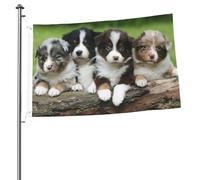 Quatuor de petits chiots Berger Australien, drapeaux de 90 x 60 cm avec œillets, mâts de drapeau de jardin personnalisés