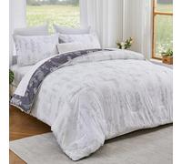 Qucover Couette 220x240 Imprimée pour 2 Personnes en Motif Floral, Ensemble 3 PCs Couette Hiver Super Doux et Chaud 260GMS Réversible Blanc Gris avec 2 Taie d'oreiller 50x75cm