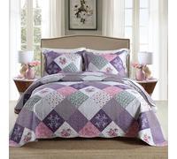 Qucover Couvre Lit Couverture Courtepointe Patchwork, Boutis Matelassé en Microfibre, Dessus de Lits de Luxe en Motif Carreaux Couleur (Voilet, 220x240cm)