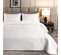 Qucover Couvre Lit Estampé Blanc 2 Personnes en 100% Microfibre 240x260cm avec 2 Taies d'oreiller 50x75cm, Couverture Ete Super Léger en Elégant Motif Floral