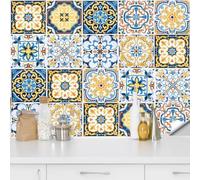 QUCUMER 20 Pcs Stickers Carrelage 15x15cm Autocollant Carrelage Cuisine en PVC Stickers Mosaïque Cuisine Vintage Stickers Muraux Carrelage Étanche Style Ethnique pour Déco Mur Salle de Bain, Bleu/Or