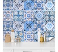 QUCUMER 20 Pcs Stickers Carrelage Bleu 15x15cm, Autocollant Carrelage Cuisine en PVC, Carrelage Mosaïque Adhésif, Stickers Crédence Salle de Bain Imperméable Imitation Faïence, pour Déco Mur Meuble
