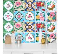 QUCUMER 20 Pcs Stickers Carrelage Florale 15x15cm, Autocollant Carrelage Cuisine en PVC, Carrelage Adhésif Mural Imperméable, Stickers Crédence Salle de Bain Imitation Faïence, pour Déco Mur Meuble