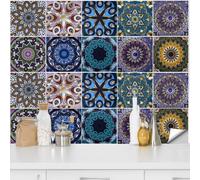 QUCUMER 20 Pcs Stickers Carrelage Mandala 15x15cm, Autocollant Carrelage Cuisine en PVC, Carrelage Mosaïque Adhésif, Stickers Crédence Salle de Bain Imperméable, pour Déco Mur Meuble, Couleur Foncée