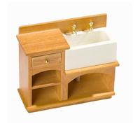Qudinip Armoire de Salle de Bain pour Maison de Poupée, échelle 1:12, Meuble D'évier avec Double Robinets, Meubles Miniatures en Bois pour Salle de Jeux pour Enfants, 9.3x3.5x8.7cm (Couleur du Bois)