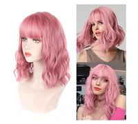 Qudinip Perruque Synthétique Bou et Douce, Cheveux Courts et Ondulés avec Frange pour Femme, Adaptée à un Usage Quotidien, Synthétique Haute Température, 1 Pièce (Rose clair)
