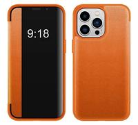 QUDOOS Business Series View Window Flip Folio Housse en Cuir, 2023 New Leather Smart Clear Case, Multi-Function Kickstand Cover for iPhone 14/13/12/11 Series (Color : Orange, Size : 13)