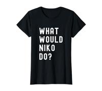 Que Ferait NIKO? T-Shirt Graphique avec Valeur, Femme, Noir, S